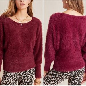 Anthropologie Ember Eyelash Fuzzy Burgundy Sweater, Size XS NWOT